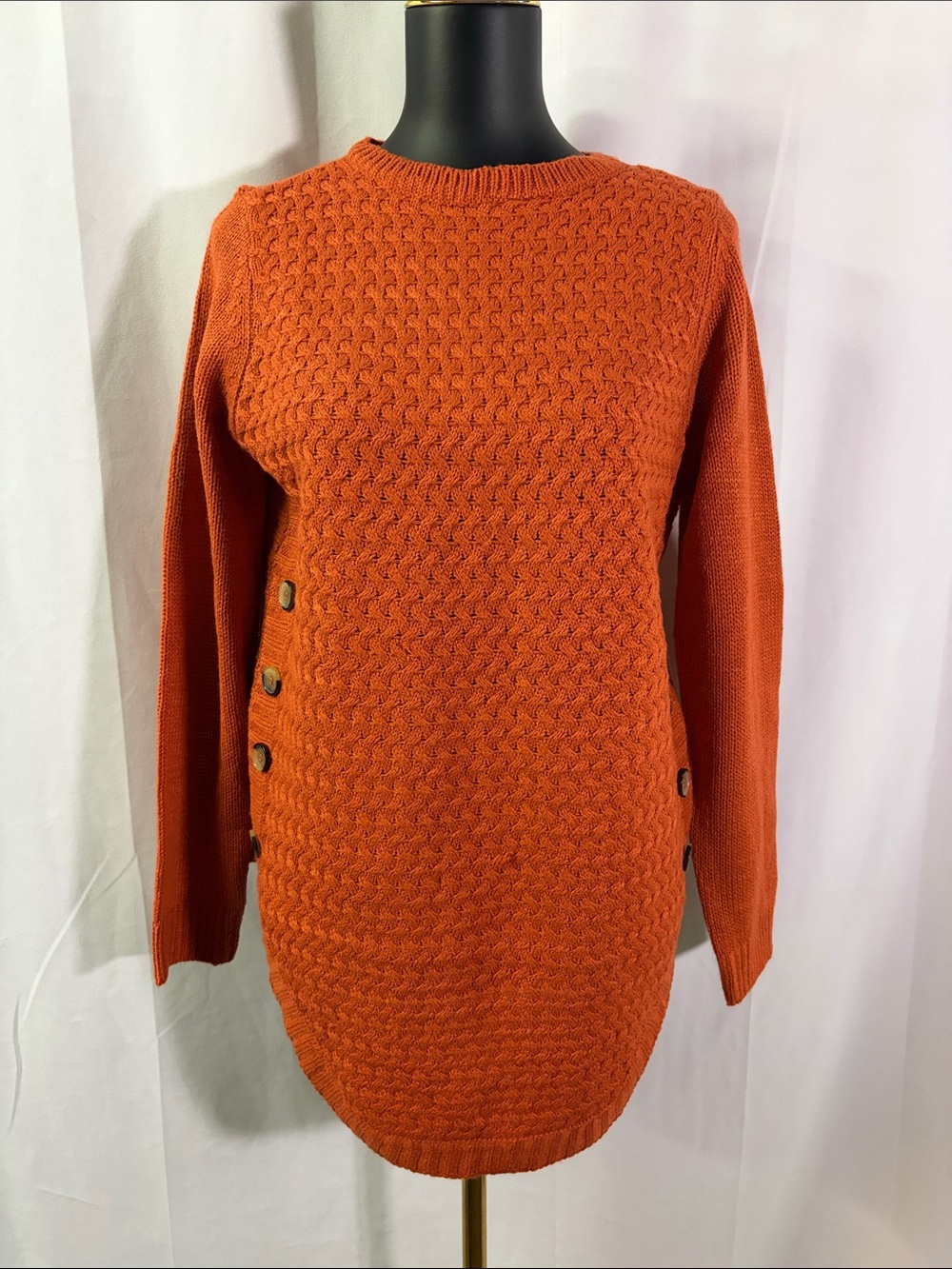 Kathy Ireland Burnt Orange Long Sleeve Side Button Crewneck Sweater